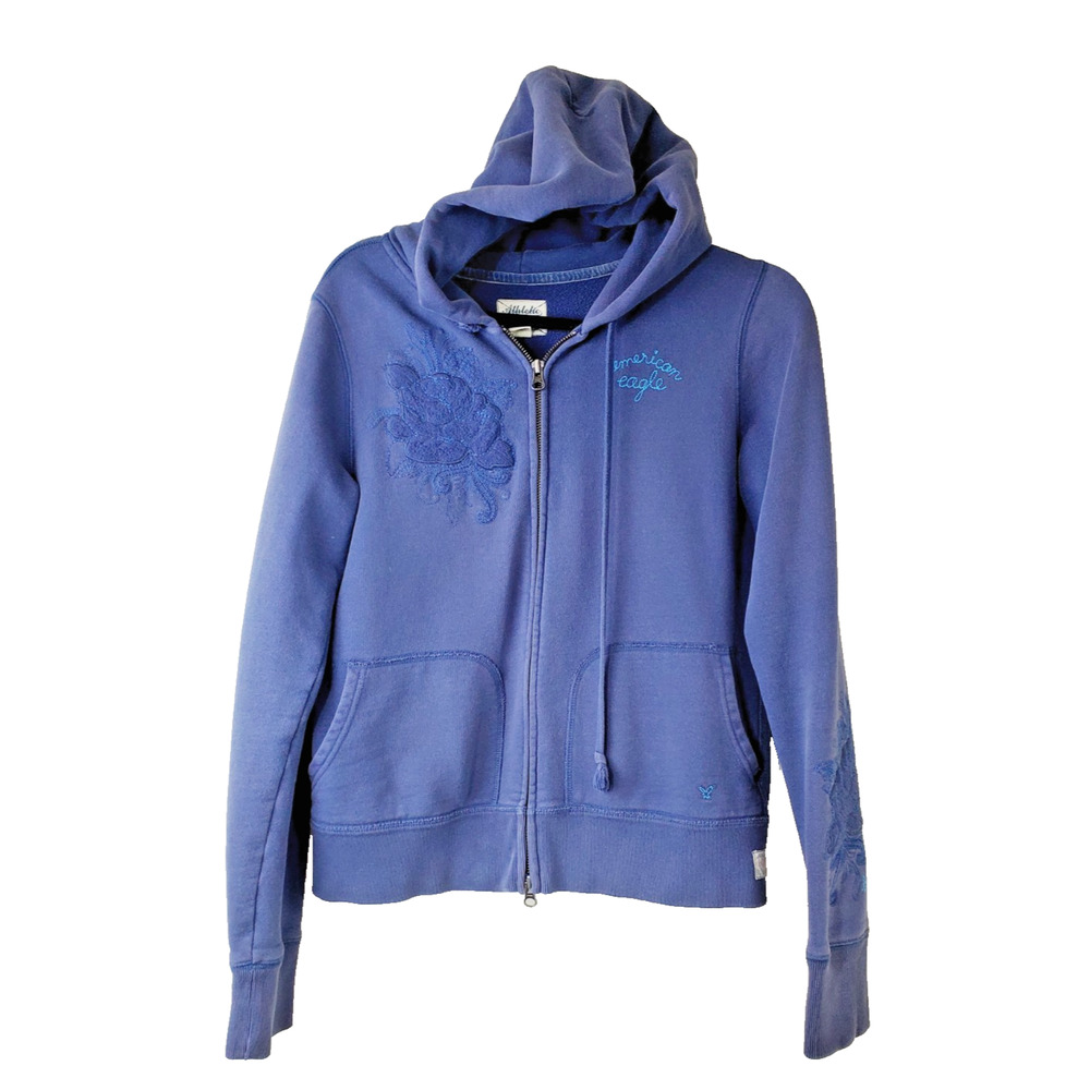 VTG American Eagle Y2K Womens MEDIUM Hoodie Hood Blue EMBROIDERED Flowers Logo